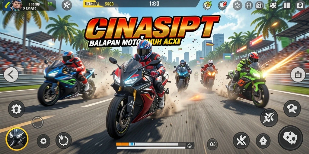 Screenshot gameplay CINASIPIT menampilkan aksi balapan motor yang mendebarkan.