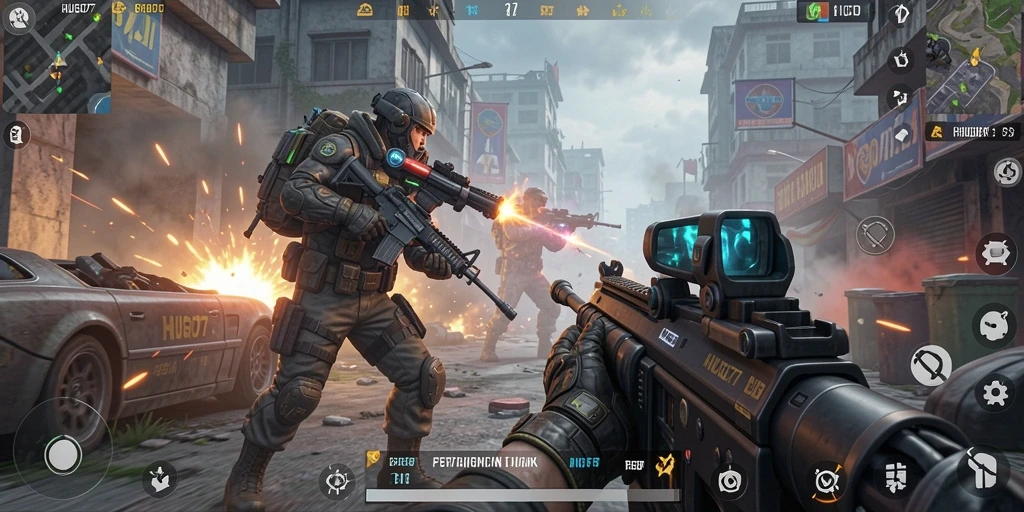 Tangkapan layar menampilkan aksi seru dalam game FPS HUGO77.