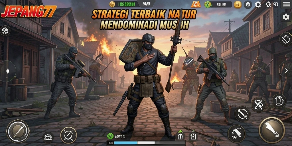 Screenshot gameplay menunjukkan strategi pertempuran yang intens di JEPANG77.