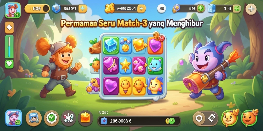 Screenshot gameplay N06 menunjukkan aksi mencocokkan buah yang seru.
