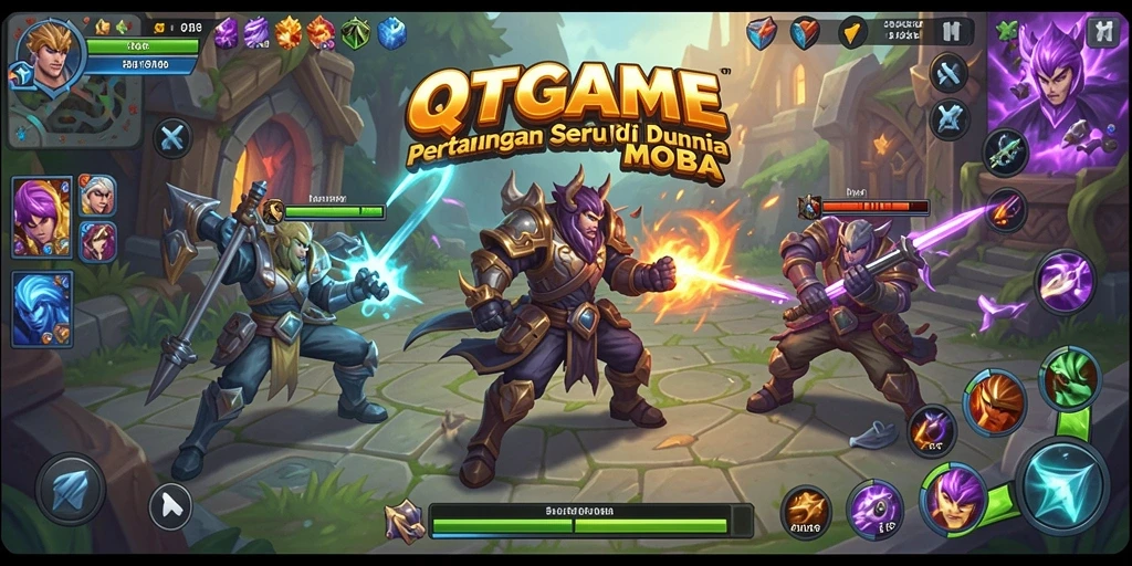Screenshot gameplay QTGAME yang menunjukkan pertarungan seru di arena MOBA.