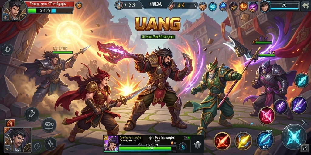Tangkapan layar UANG menampilkan karakter bertarung dalam arena MOBA yang seru.